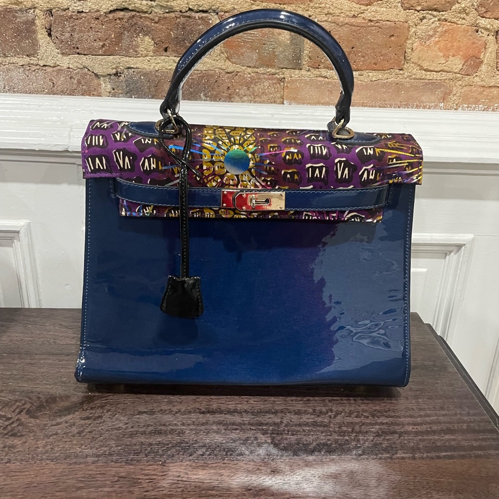 Gorgeous, African print and patent leather bag
